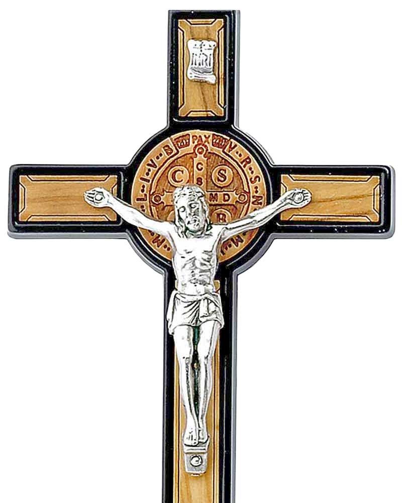 Stehkreuz mit Olivenholz 10 x 21 cm Bendediktusmedaille