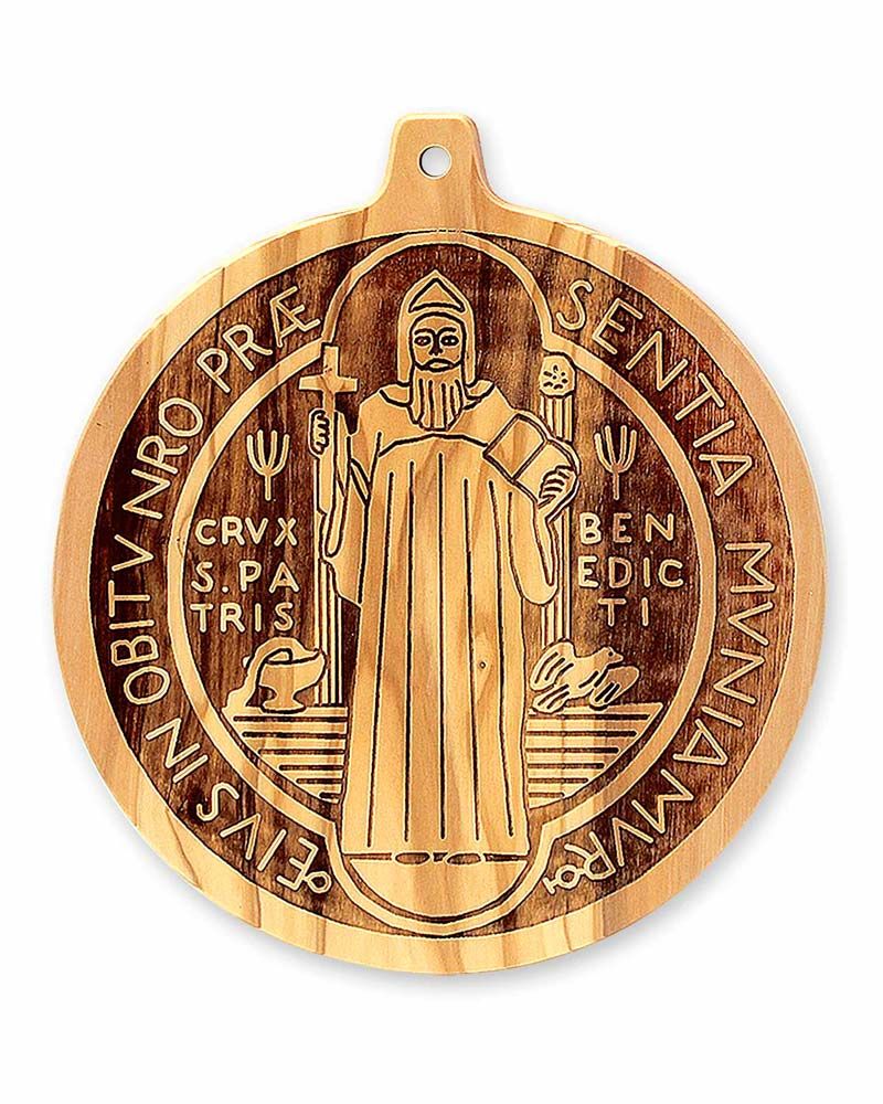 Wandplakette Olivenholz 15 cm ⌀ Benediktusmedaille