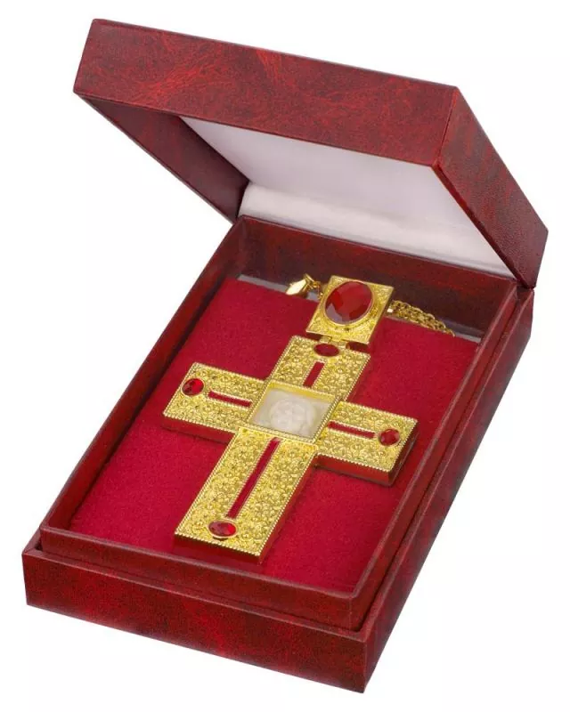 Bischofskreuz 135x80 mm vergoldet, mit Kette, im Etui