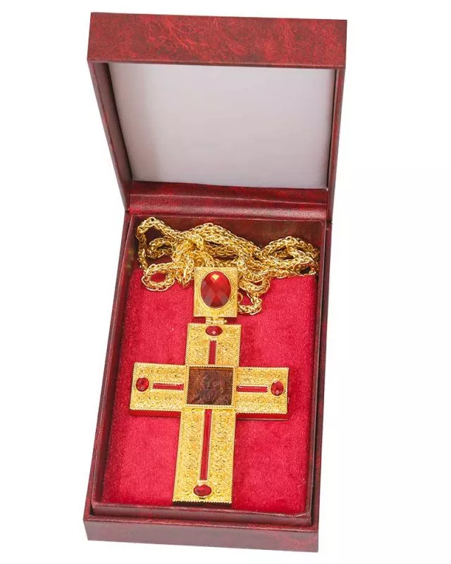 Bischofskreuz 135x80 mm vergoldet, mit Kette, im Etui