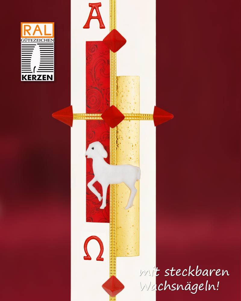 Osterkerze "Gloria" rot & gold mit Lamm 400 x 60 mm