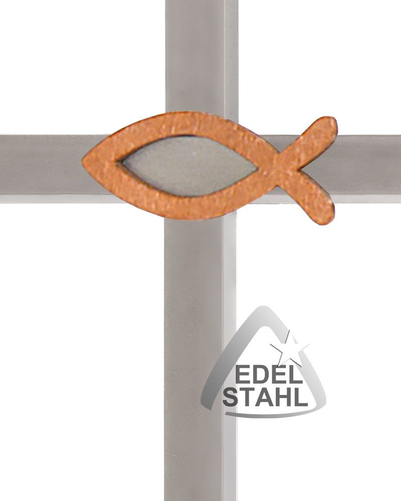 Kreuz aus Edelstahl mit Holzfisch 18,5 x 14 x 0,5 cm