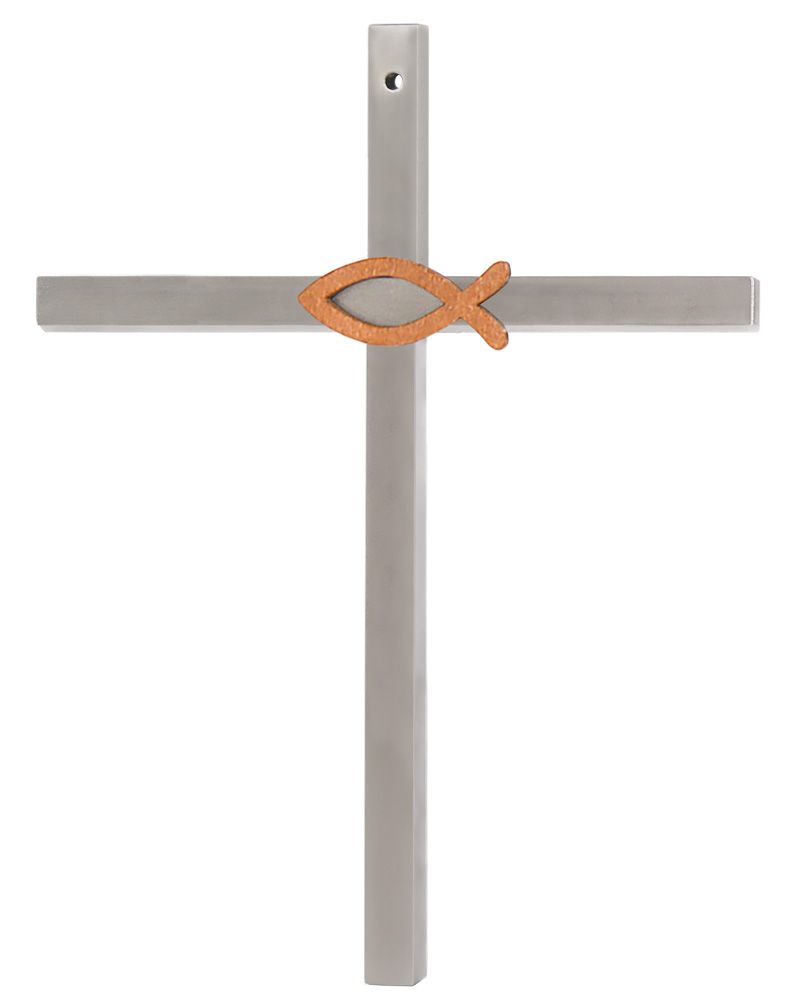 Kreuz aus Edelstahl mit Holzfisch 18,5 x 14 x 0,5 cm