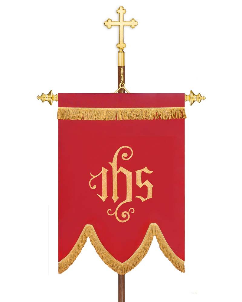 Fahne rot, 125 x 90 cm, IHS + Kreuz goldgestickt
