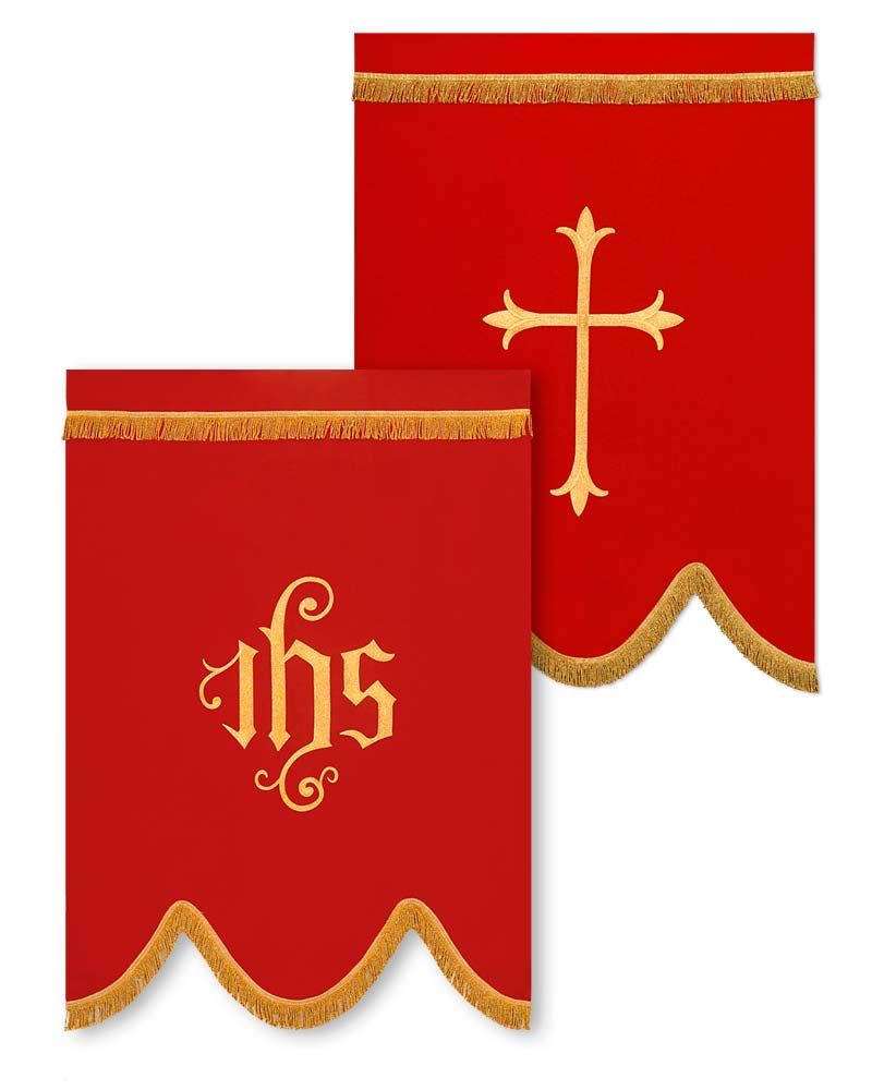 Fahne rot, 125 x 90 cm, IHS + Kreuz goldgestickt