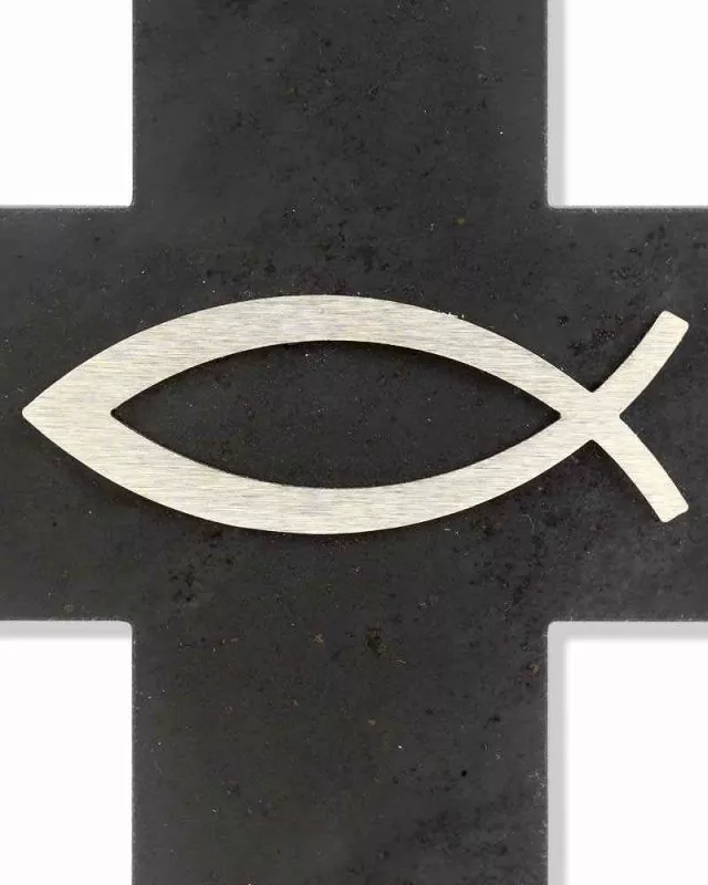 Schieferkreuz 12 x 12 cm mit Fisch aus Edelstahl