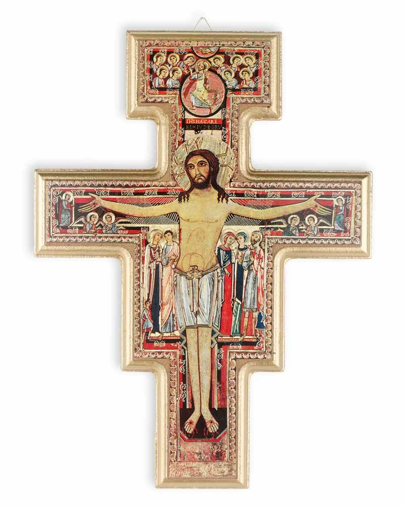 Franziskuskreuz aus Holz mit Golddruck 11,5 x 15 cm