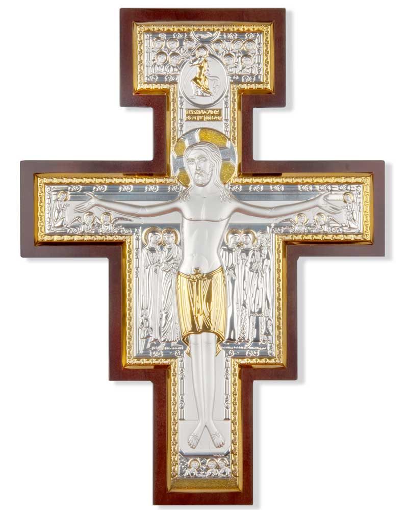 Franziskuskreuz 14 x 10 cm Metallrelief versilbert verg.