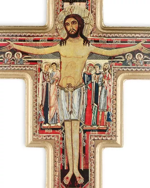 Franziskuskreuz aus Holz mit Golddruck 11,5 x 15 cm