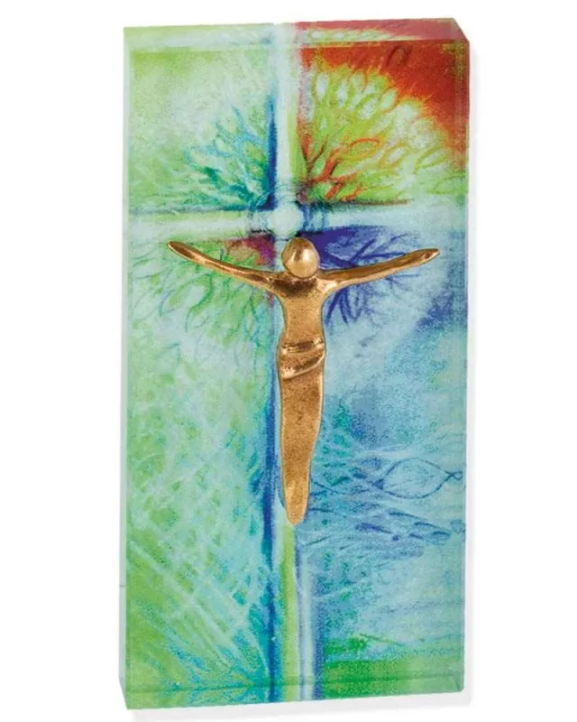 Glaskreuz 13 x 6 cm bunter Aufdruck mit Bronzekorpus