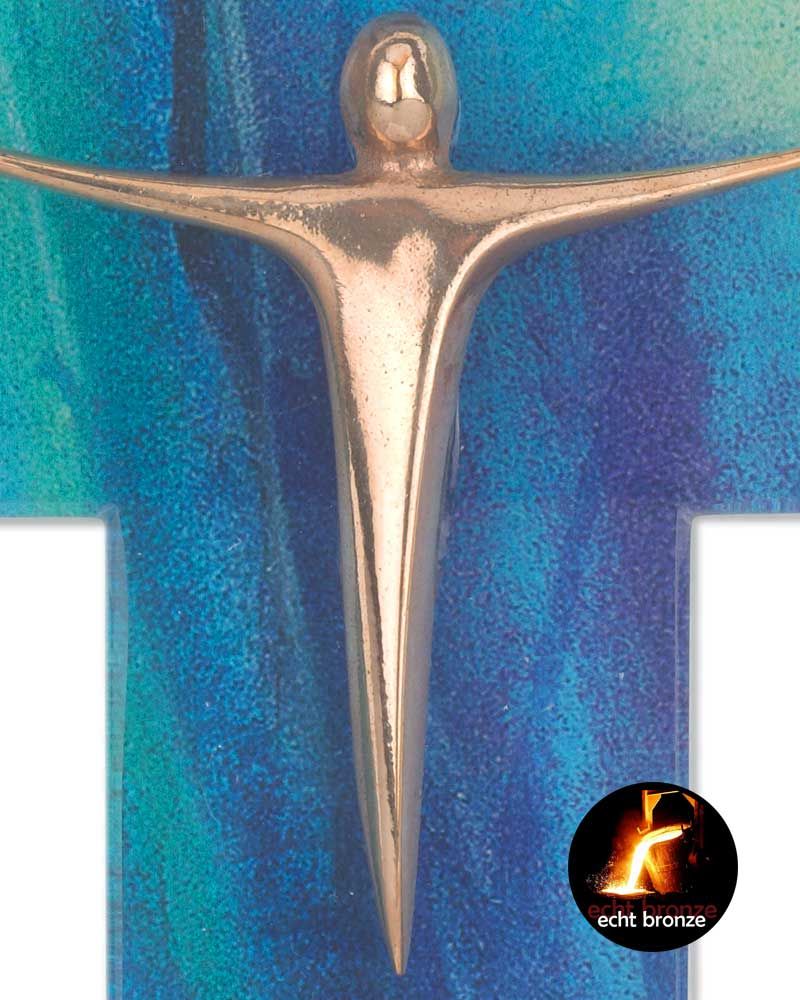 Wandkreuz 14,5 x 11,5 cm Glas blau mit Bronzekorpus