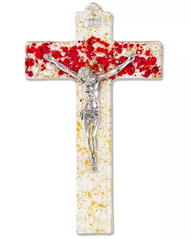 Wandkreuz mit Christus 24 x 14 cm Glasfusing rot gold