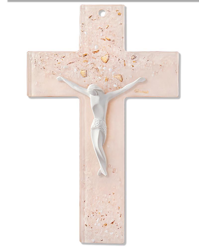 Wandkreuz mit Christus 26 x 17 cm Glas, rosé gold
