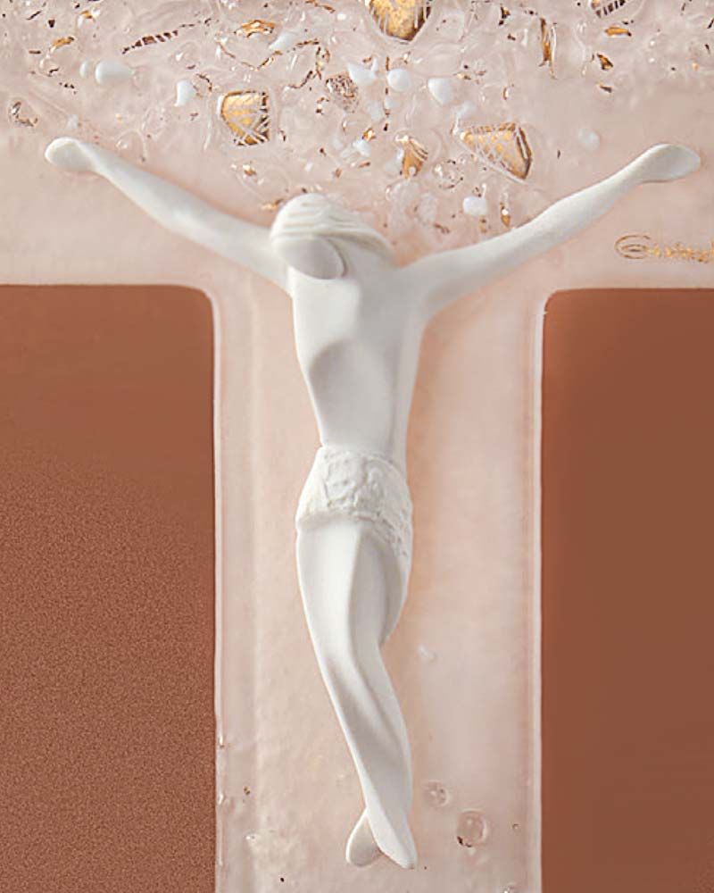 Wandkreuz mit Christus 26 x 17 cm Glas, rosé gold