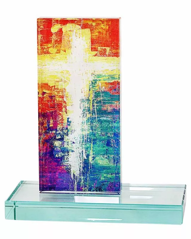 Glaskreuz farbig bedruckt 13 x 14,5 x 6 cm