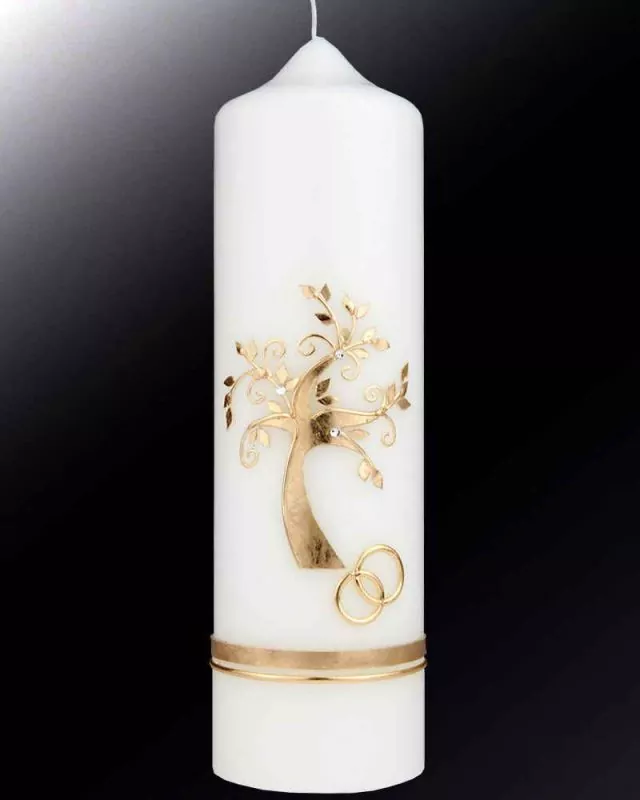 Hochzeitskerze Lebensbaum mit Ringsymbol 265 x 80 mm
