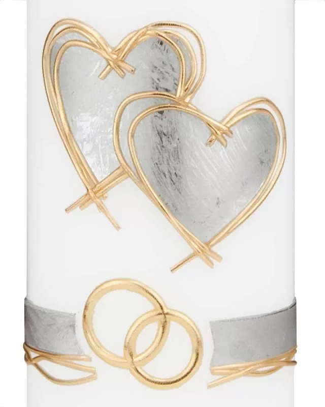 Hochzeitskerze mit silbernen Herzen 225 x 70 mm Ringe