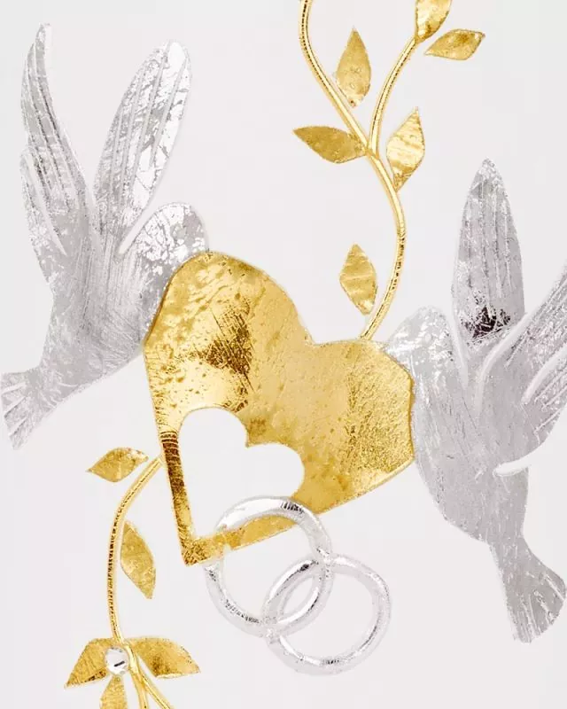 Hochzeitskerze gold silber 275 x 80 mm Tauben & Herz