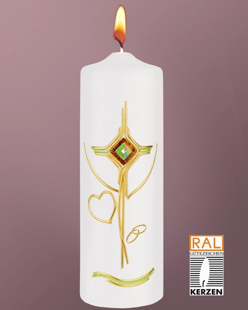 Hochzeitskerze 250 x 80 mm Kreuzdekor grün, Ringe & Herz