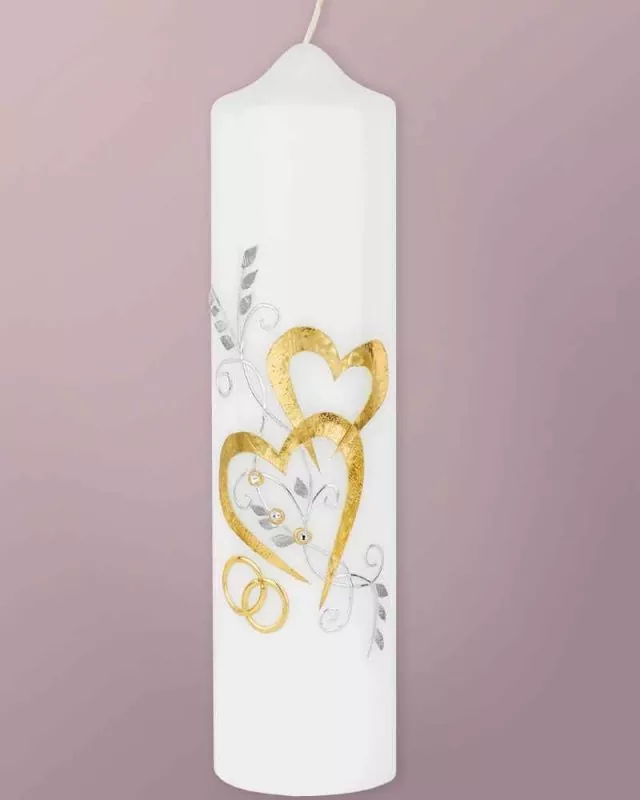 Hochzeitskerze 275 x 70 mm goldene Herzen Silberranken