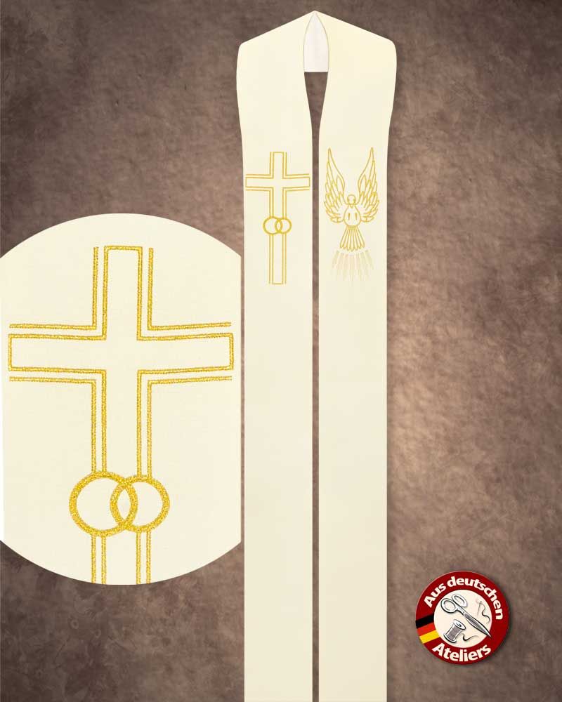 Hochzeitsstola weiß, mit gold gesticktem Kreuz und Trauringe