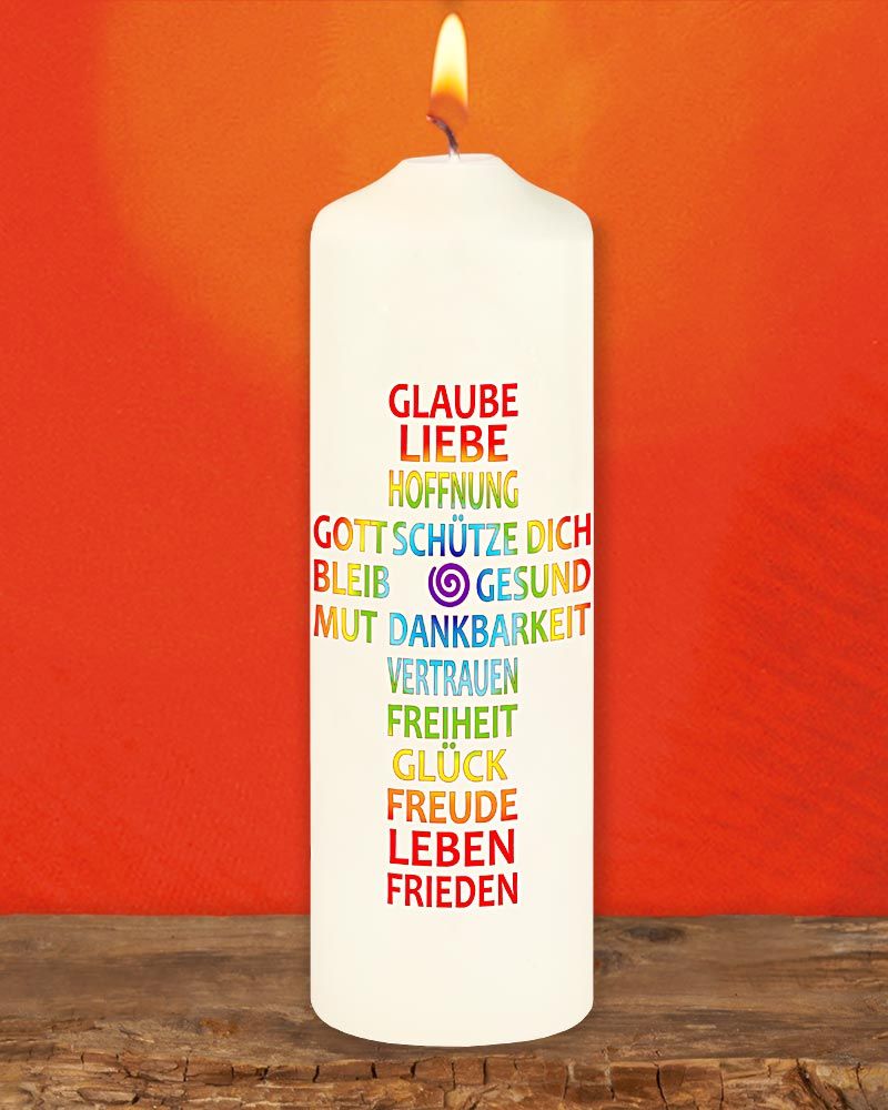 Kerze Hoffnung 165x50 mm Segenskreuz Regenbogen