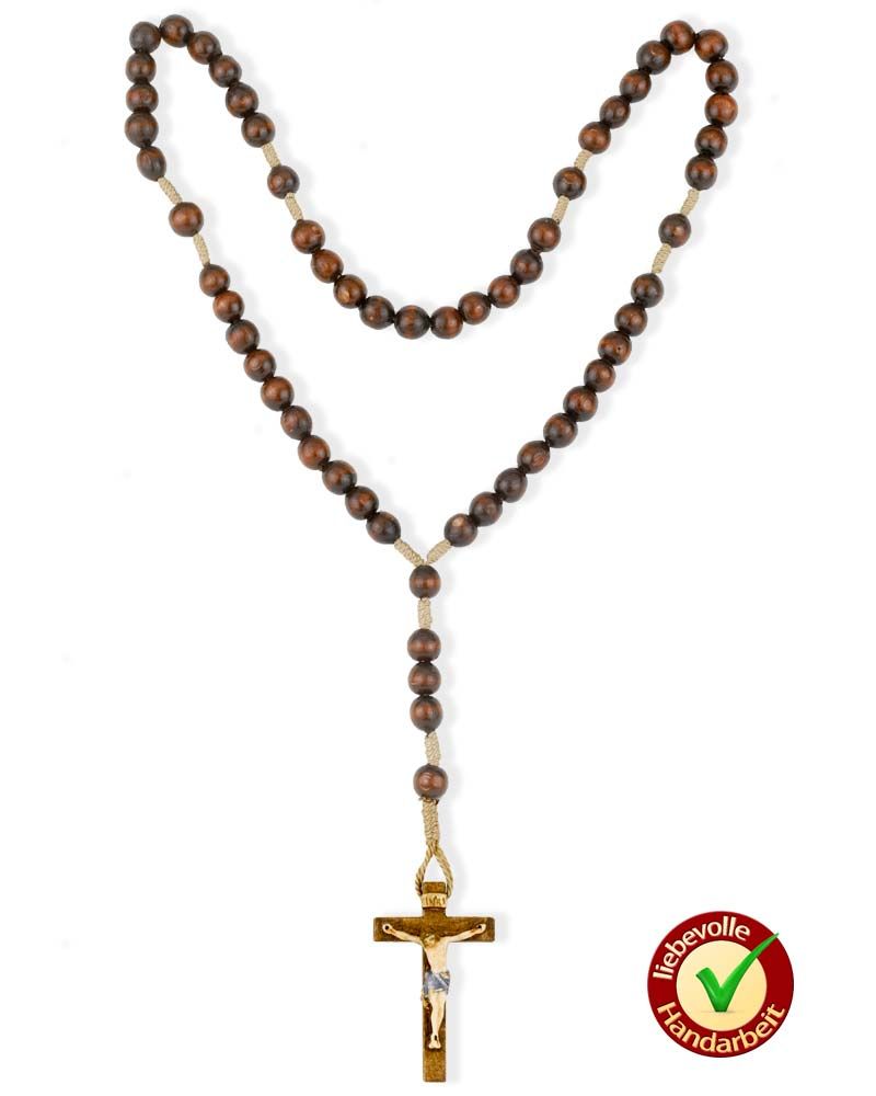 Rosenkranz Holzperlen braun 8 mm Ø, Kreuz geschnitzt