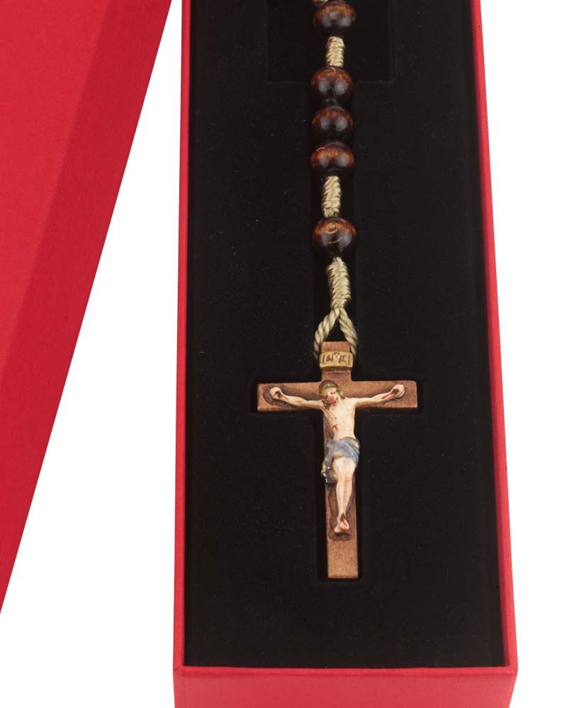 Rosenkranz Holzperlen braun 8 mm Ø, Kreuz geschnitzt