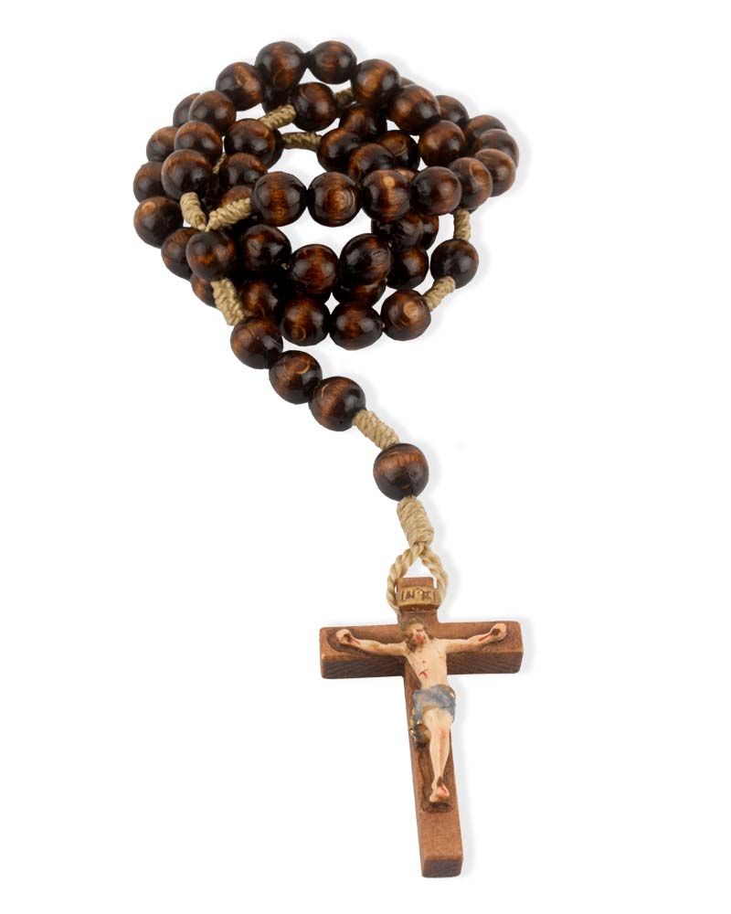Rosenkranz Holzperlen braun 8 mm Ø, Kreuz geschnitzt