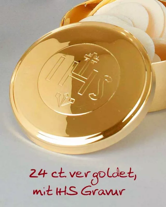 Hostiendose 7 cm Ø Gravur IHS, 3,5 cm hoch, vergoldet
