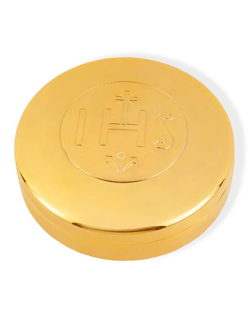 Hostiendose 7 cm Ø Gravur IHS, 3,5 cm hoch, vergoldet