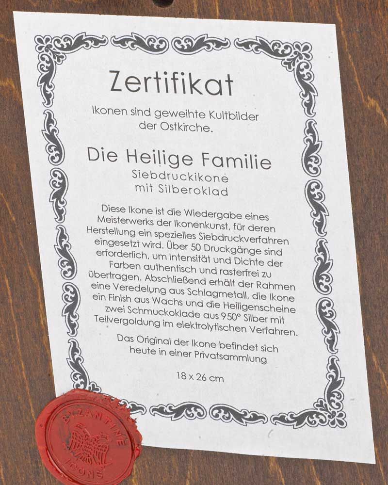 Ikone "Hl. Familie", 18 x 26 cm Siebdruck mit Silberoklad