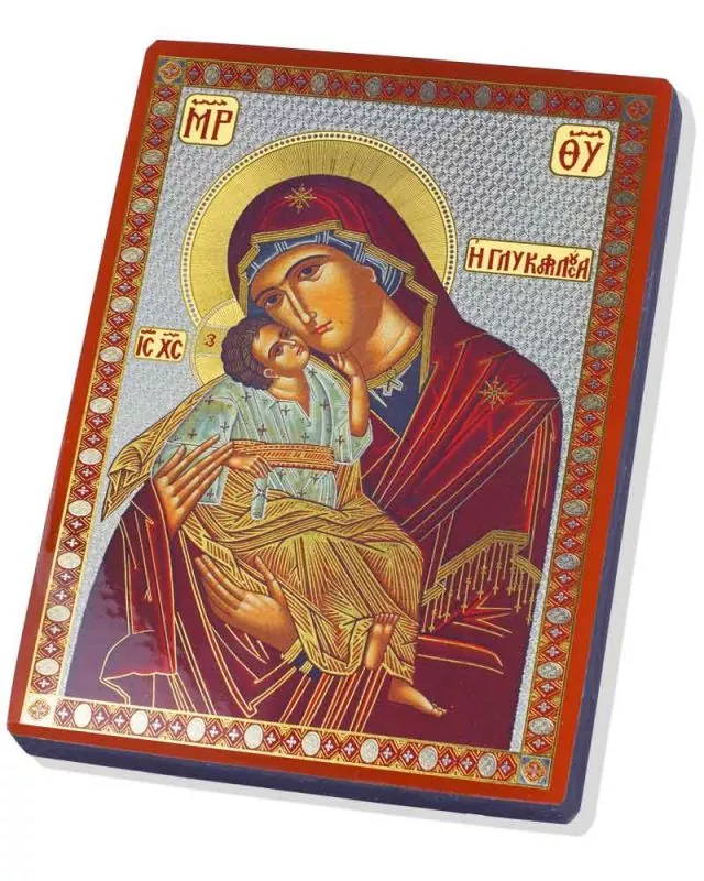 Ikone Madonna Glykophilousa Holz 15x20 cm Goldprägedruck