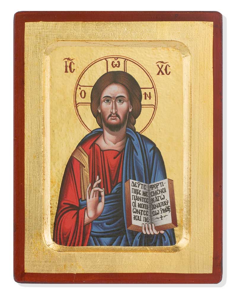 Pantokrator mit offenem Buch 10,5x13 cm auf Holzträger