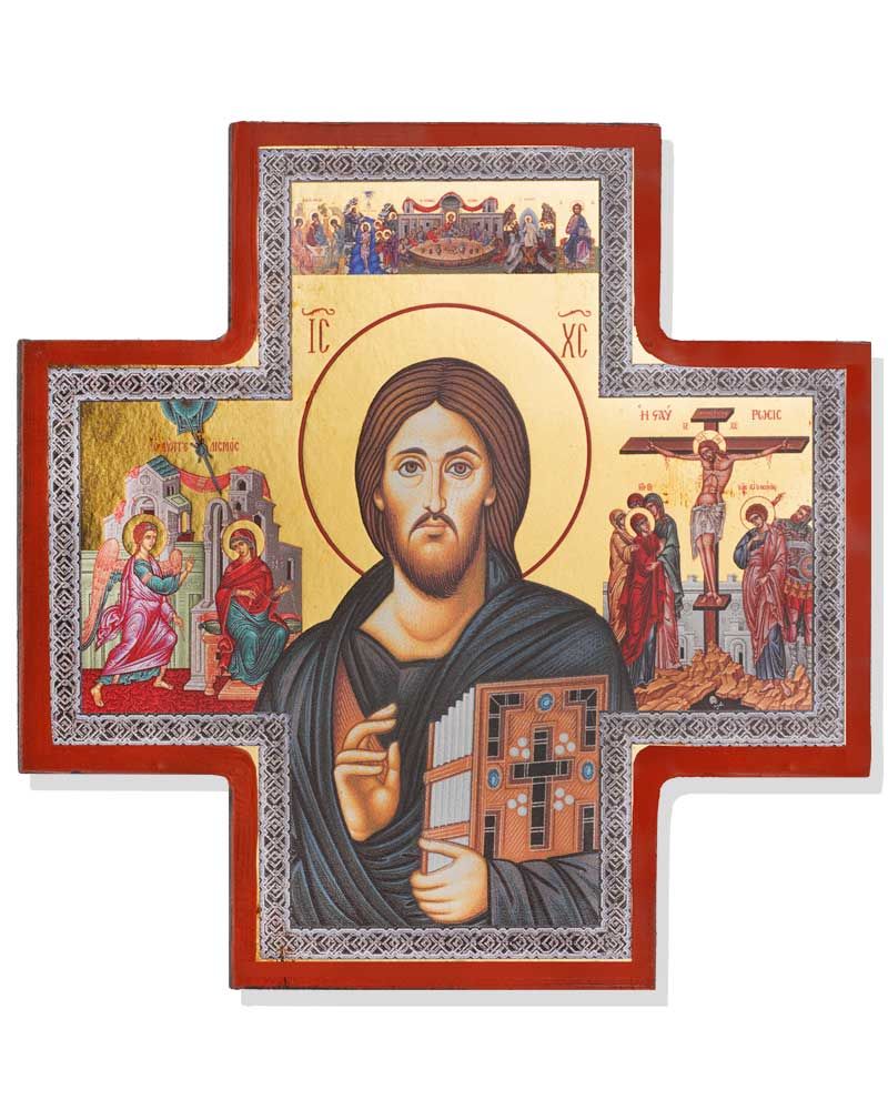Kreuzikone Pantokrator 14 x 14 cm mit Buch