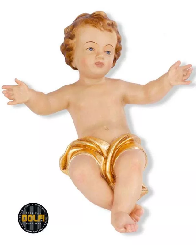 Jesuskind 40 cm geschnitzt koloriert, Tuch vergoldet