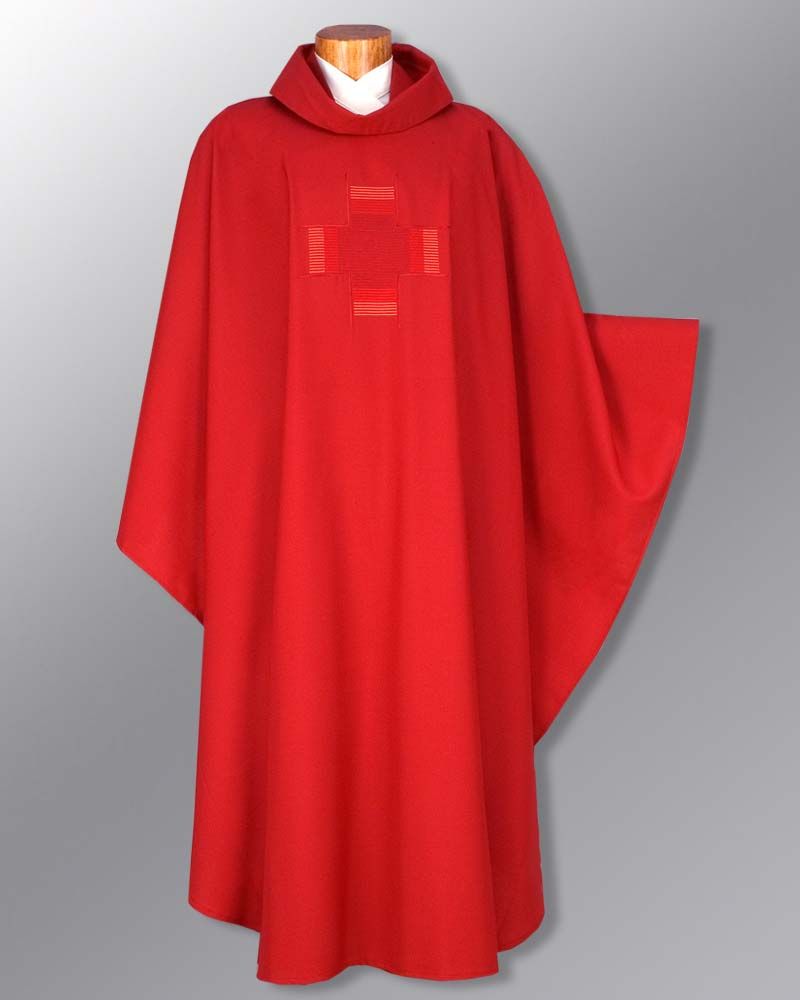 Kasel rot, 130 cm lang  schlichtes Kreuz gestickt