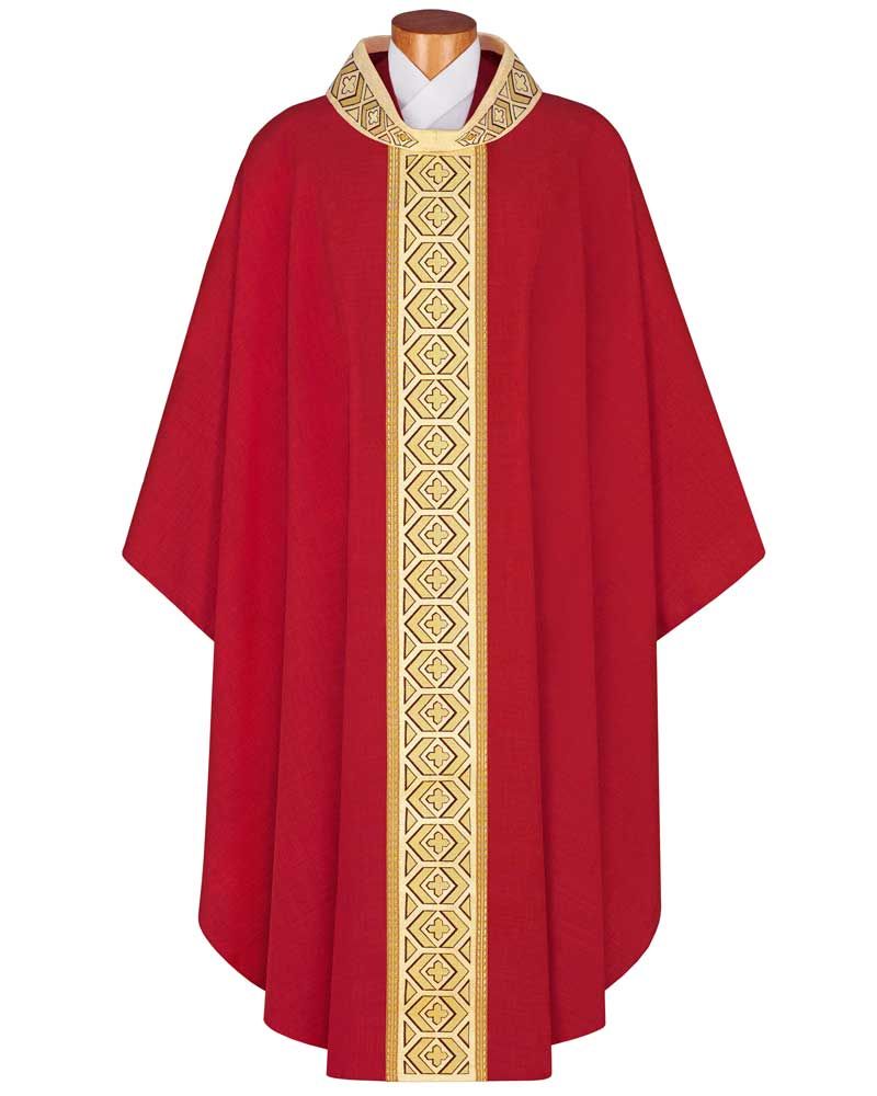 Kasel rot mit Kragen, 125 cm lang, 154 cm breit