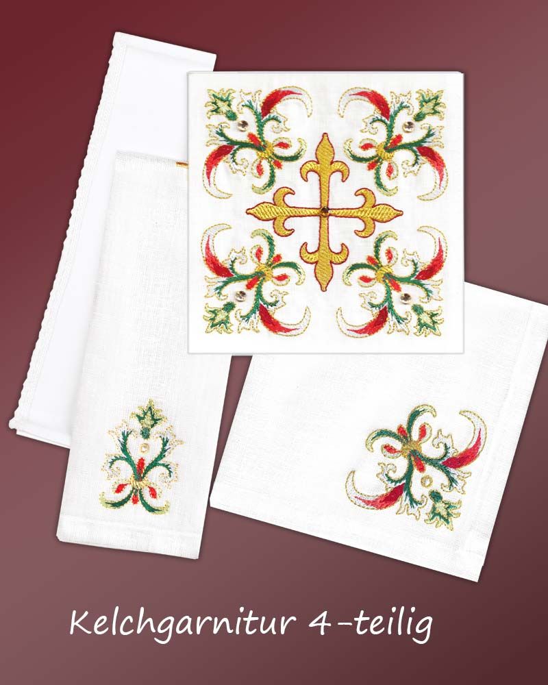 Kelchgarnitur 4-teilig, Goldstickerei BW und Leinen
