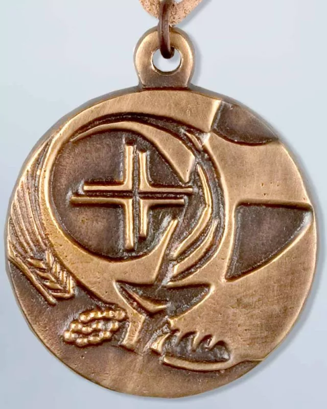 Bronzeplakette 45 mm Ø Eucharistie, Lederkordel