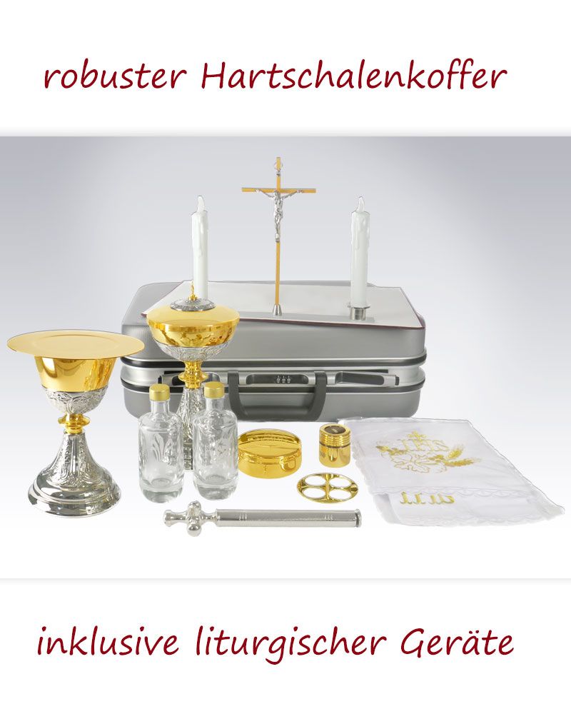 Messkoffer mit Kelch, Hostiendose, Ziborium, Kreuz