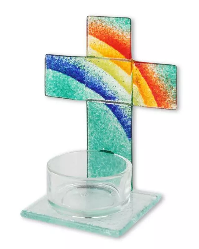 Glaskreuz Regenbogen mit Teelichthalterung 11 x 8 cm