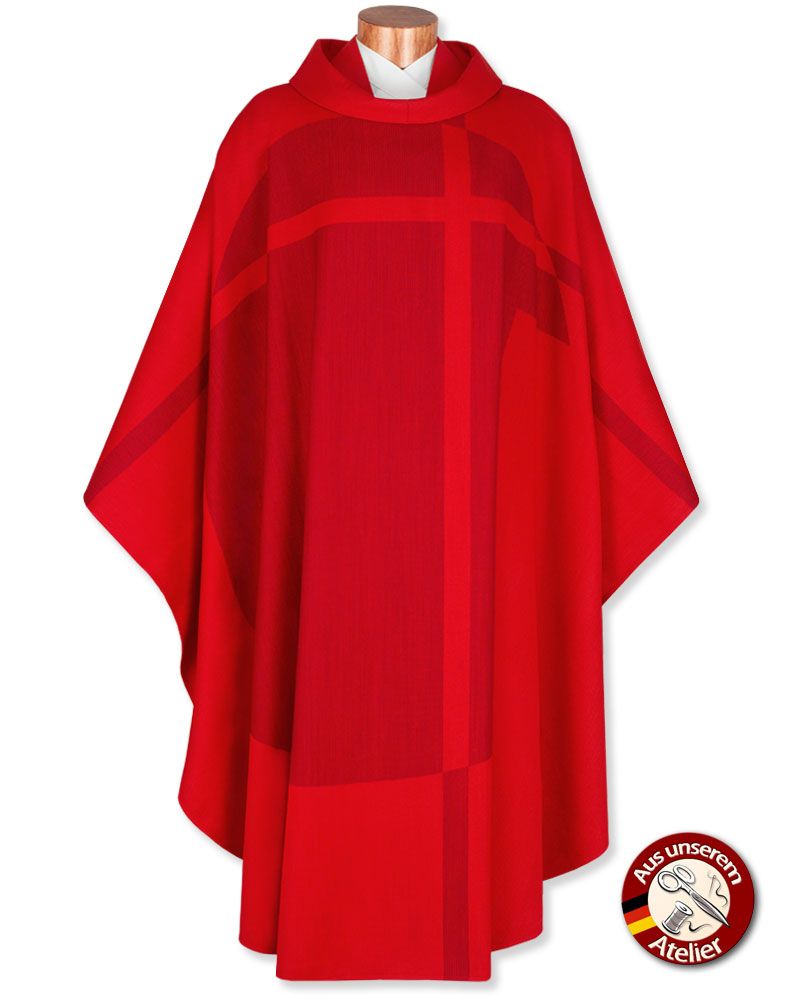 Kasel mit Stola, gefüttert rot, Jacquard mit Kreuzdekor