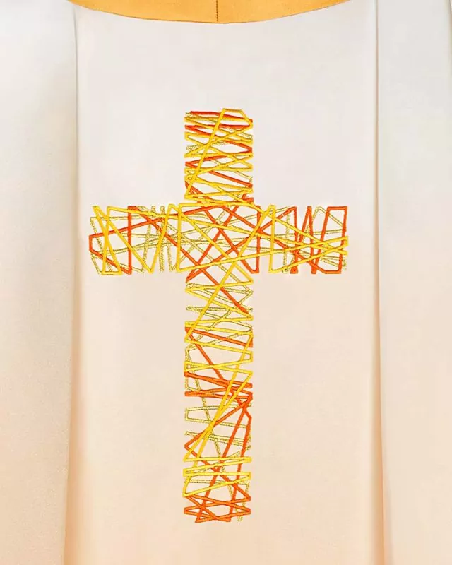 Kasel weiß & gold mit Kragen gesticktes Kreuzsymbol
