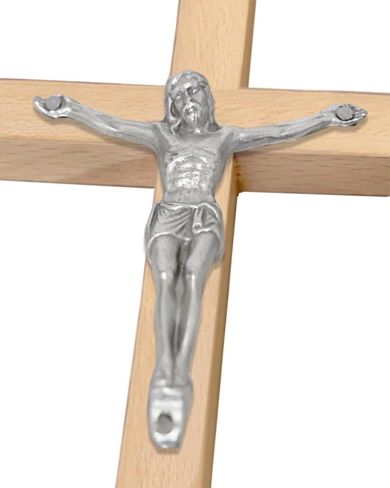 Holzkreuz mit silberfarbigem Korpus, 10 x 22 cm