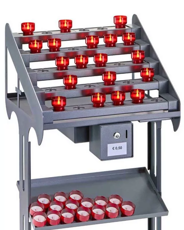 LED Opferlichttisch Stahl, grau mit 30 rubinroten LED Kerzen