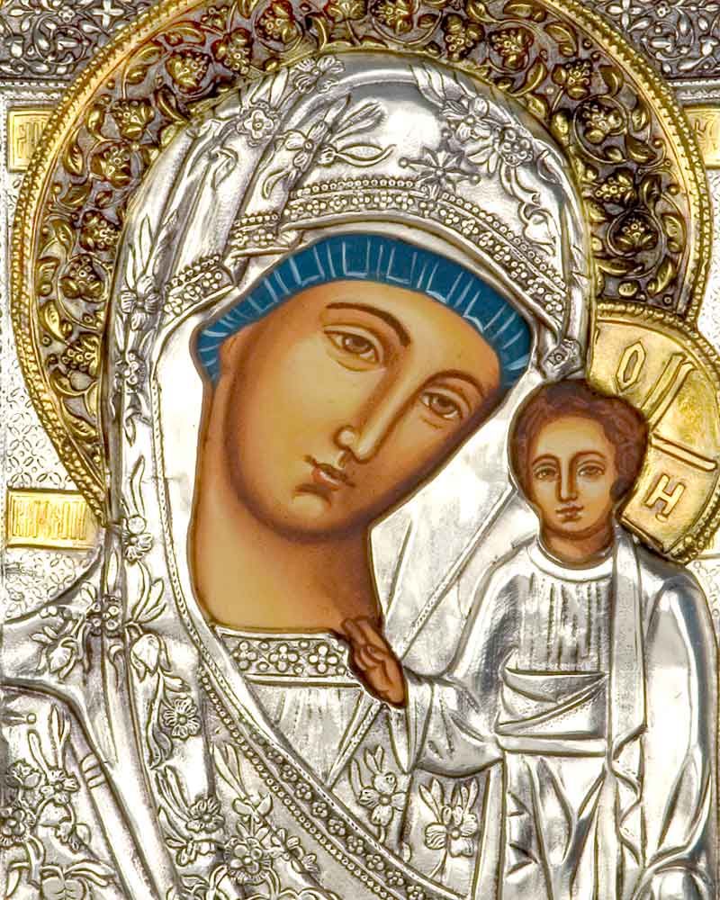 Ikone  31 x 27 cm Silber Oklat Maria mit Kind (Kazan)