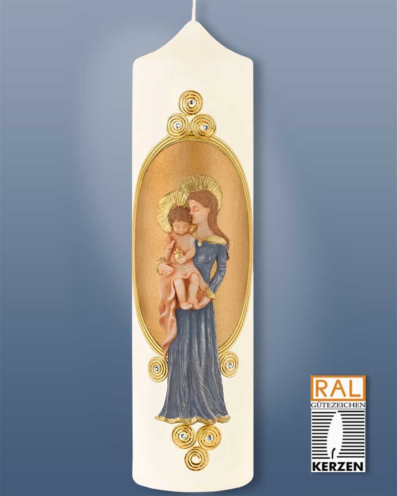 Madonnen Kerze 300x80 mm verziert mit Maria mit Kind