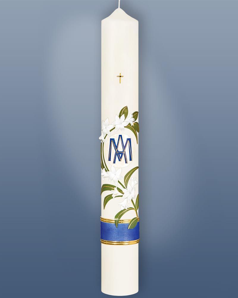 Marienkerze 600 x 80 mm Ave Maria mit Liliendekor