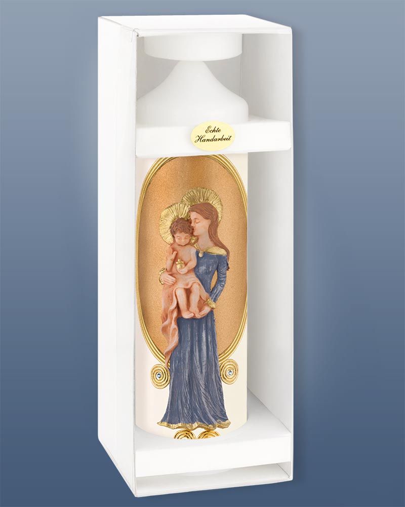 Madonnen Kerze 300x80 mm verziert mit Maria mit Kind